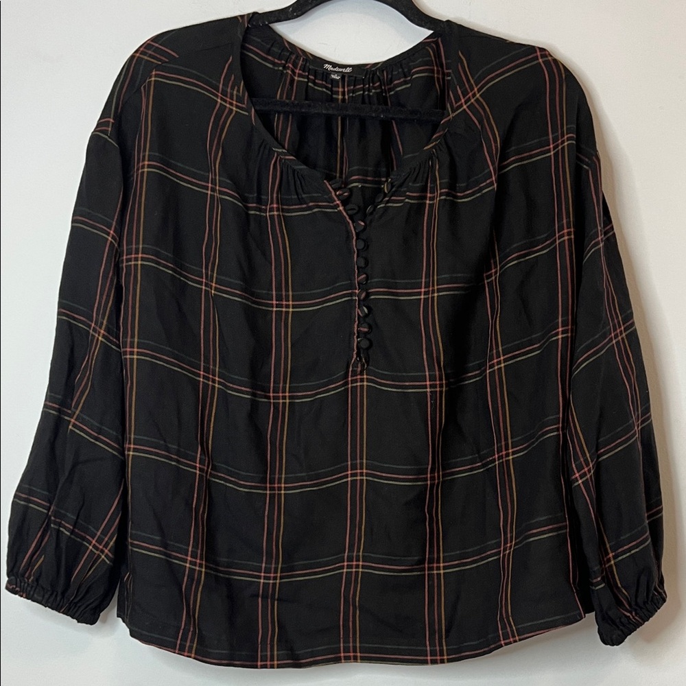Madewell Women's Chic Black Pink Yellow Green Plaid 3/4 Sleeve Blouse Small
